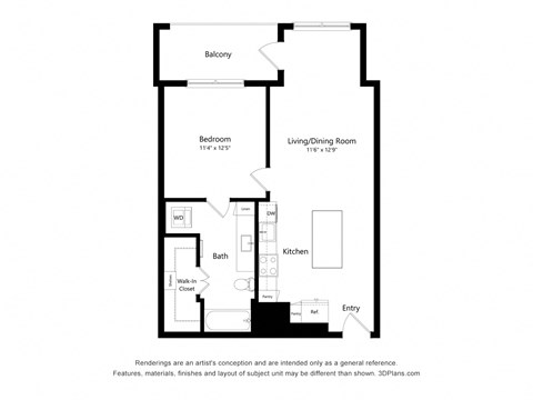 Floor plan for 1 bed, 1 bath, 732 sqft